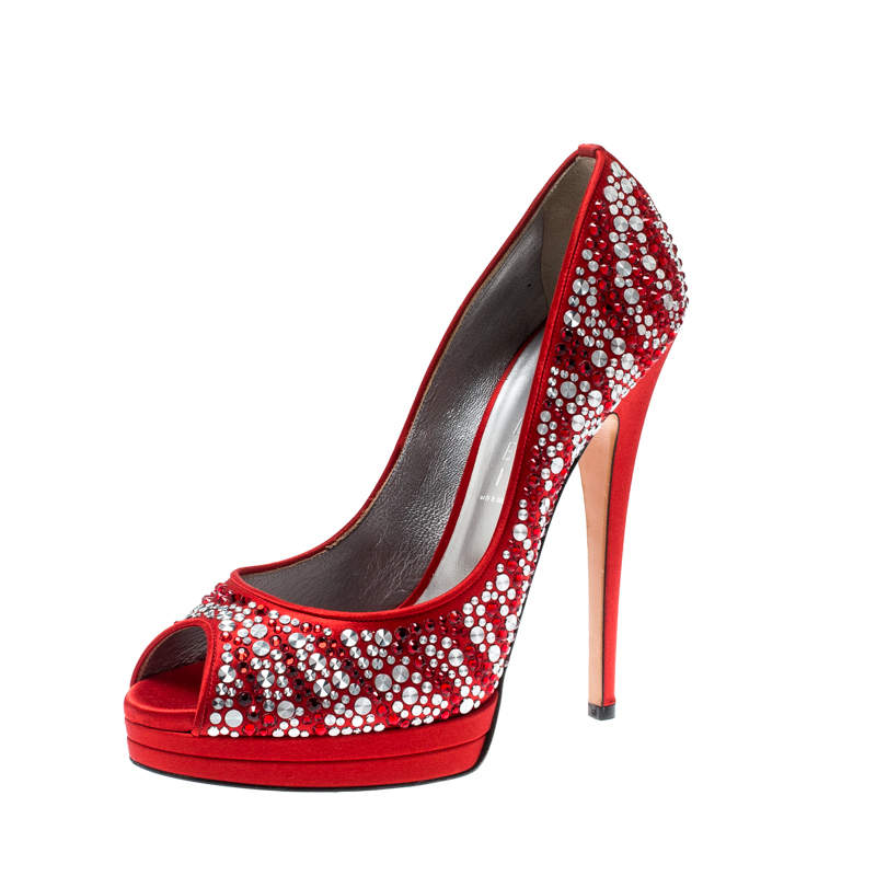 Pre Owned Casadei Red Satin Embellished Platform Peep Toe Pumps Size 39