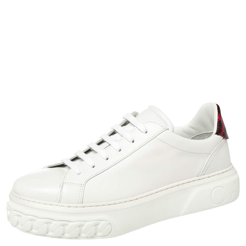 Pre Owned Casadei White Leather And Patent Trim Lace Up Sneakers Size 40