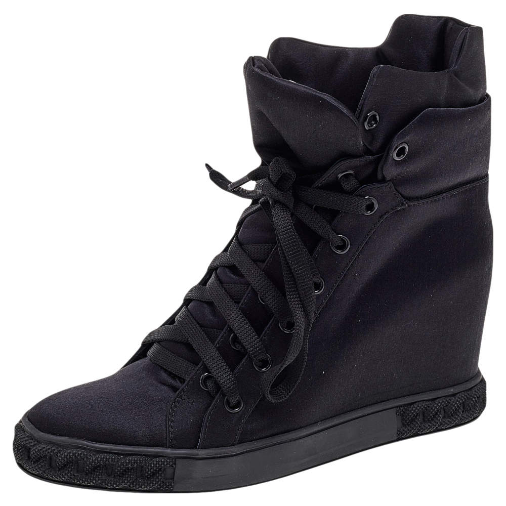 Pre Owned Casadei Black Satin High Top Wedge Sneakers Size 39