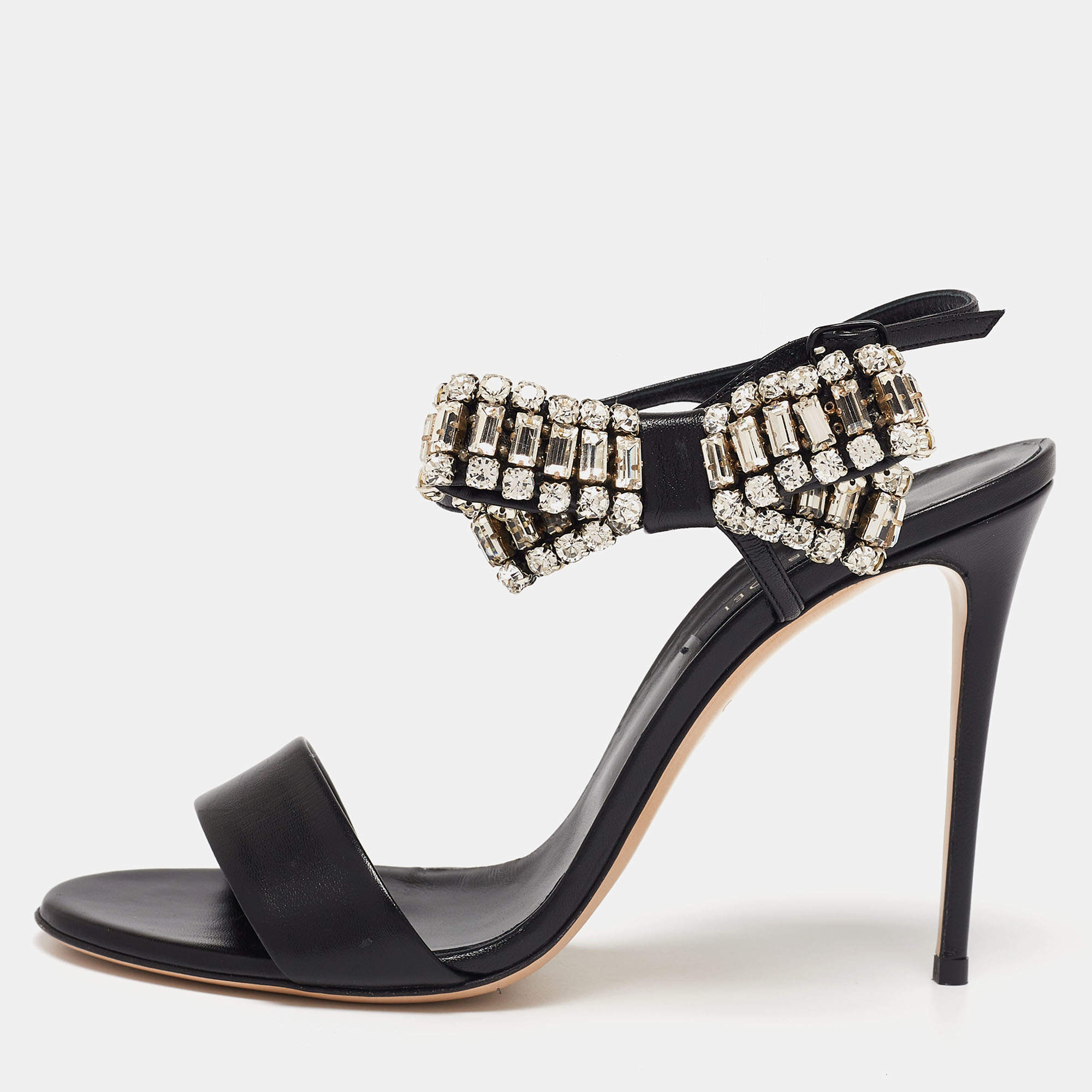Pre Owned Casadei Black Leather Crystal Embellished Bow Ankle-Strap Sandals Size 40