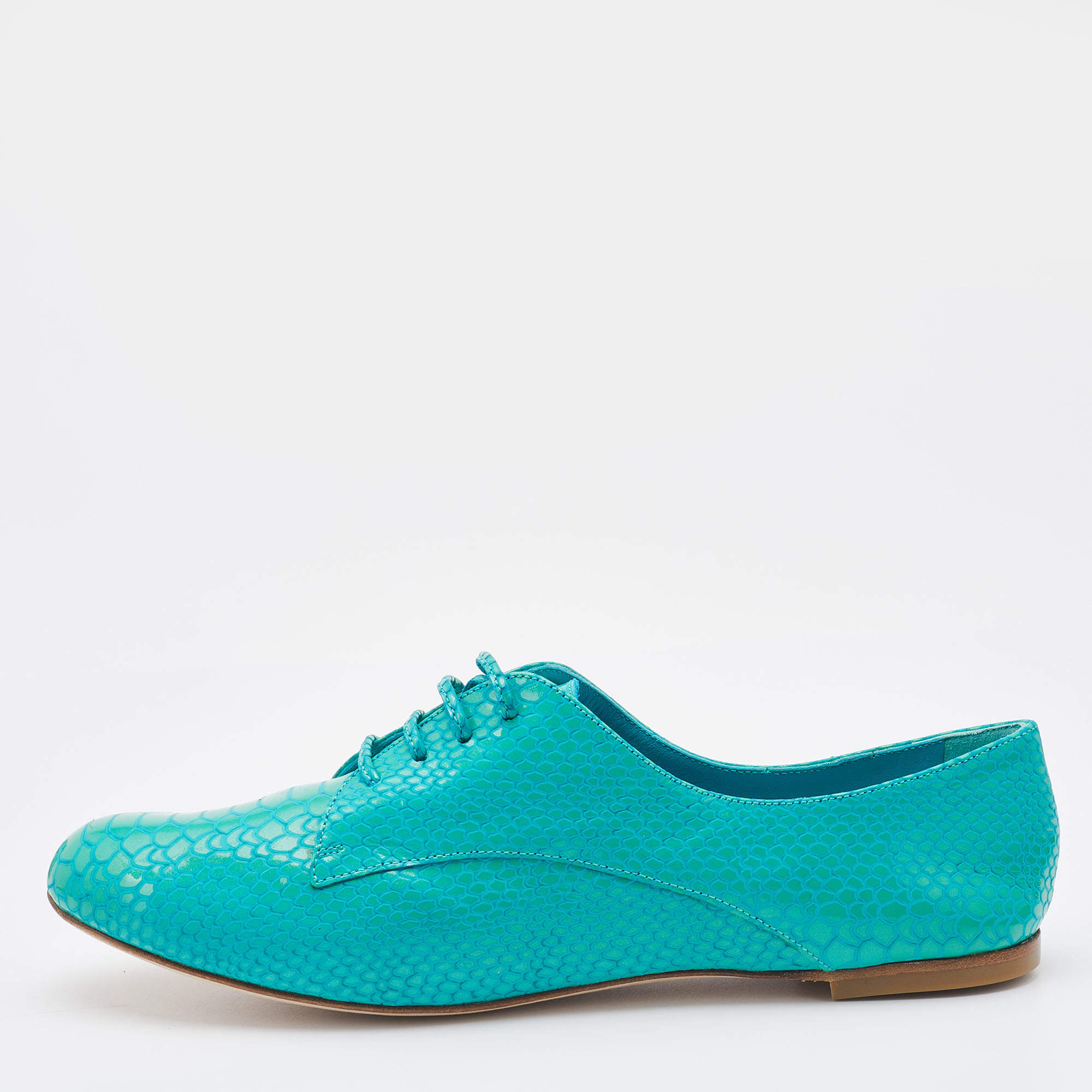 Casadei Turquoise Blue Python Embossed Leather Lace Up Oxfords Size 38