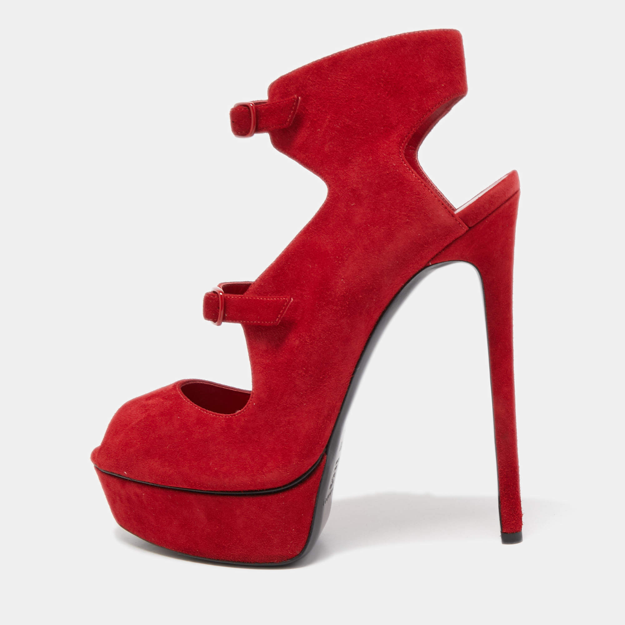 Casadei Red Suede Buckle Detail Platform Peep Toe Sandals Size 40