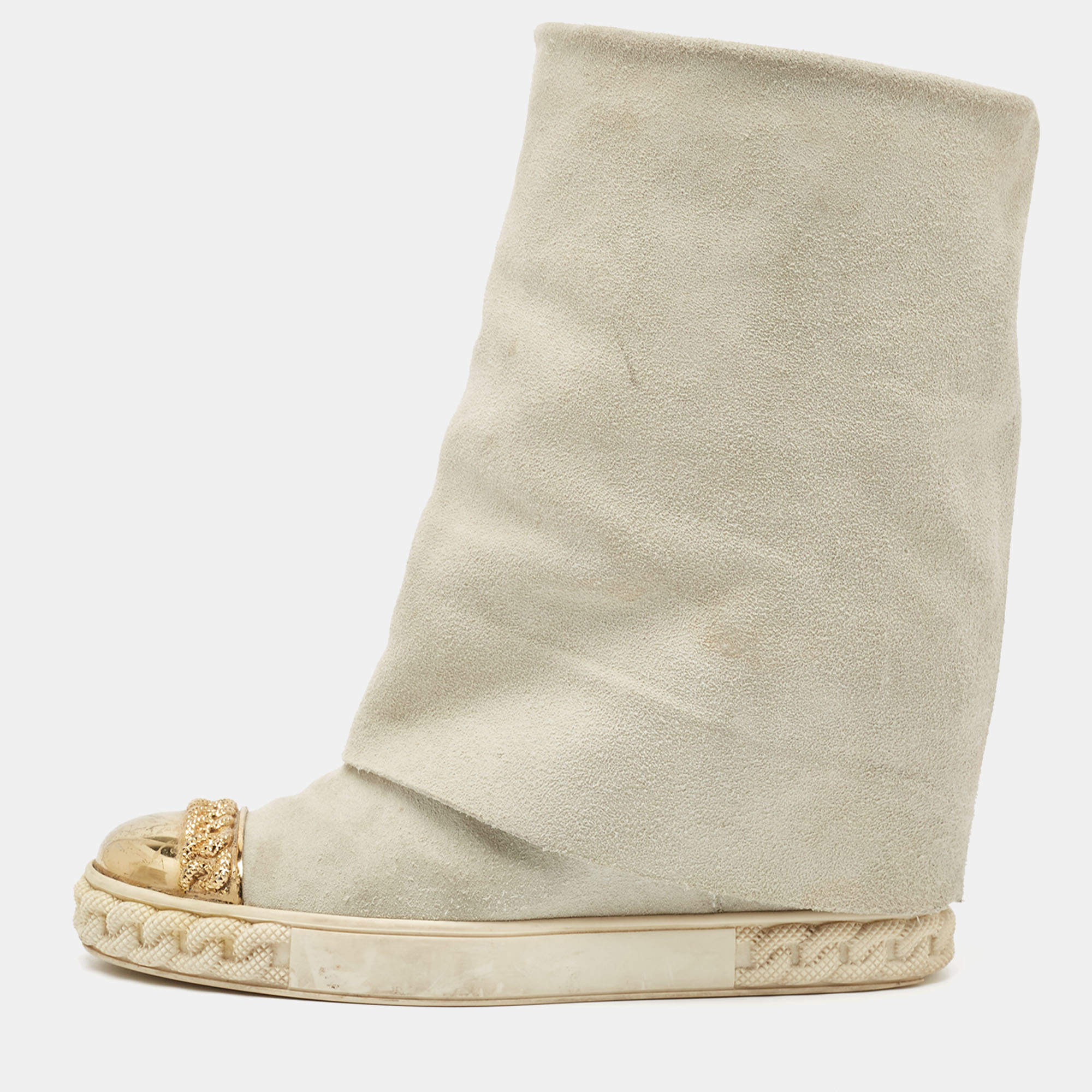 Pre Owned Casadei Grey Suede Embellished Metal Cap Toe Wedge Sneakers Size 39