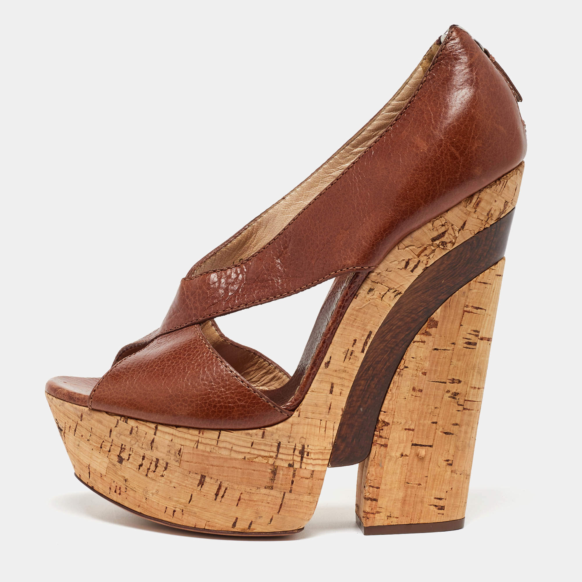 Pre Owned Casadei Brown Leather Wedge Sandals Size 40