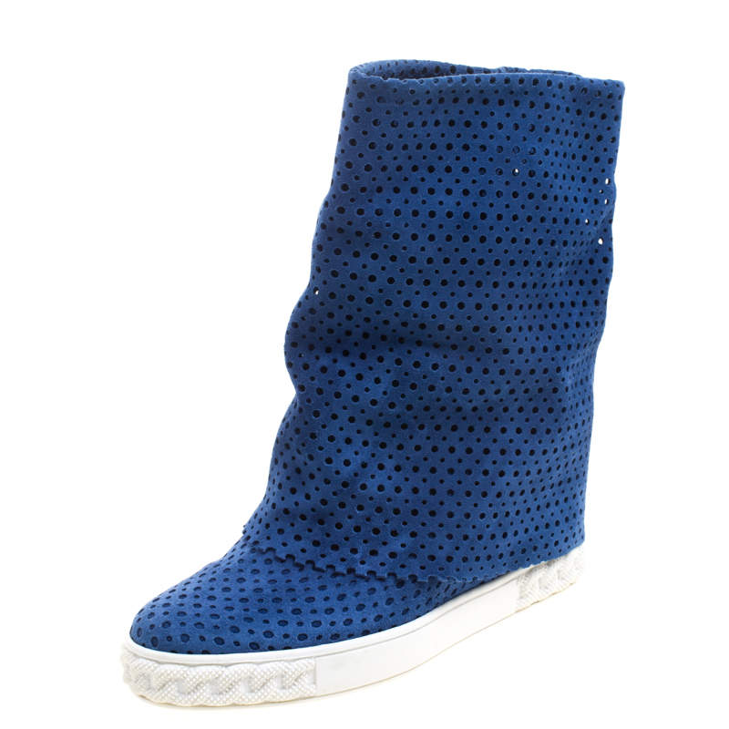 Casadei Cobalt Blue Perforated Suede Wedge Boots Size 36