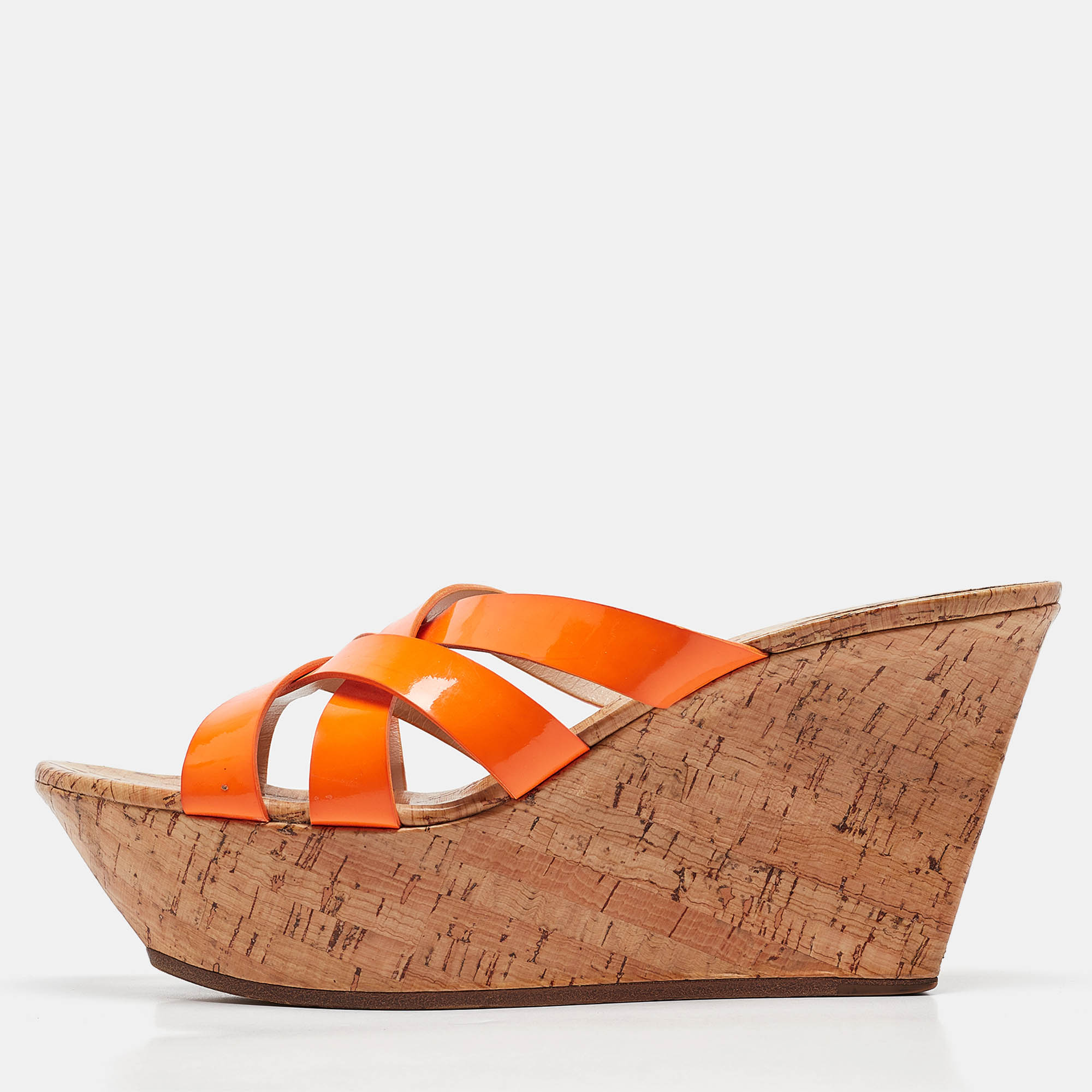 Casadei Orange Patent Leather Cork Platform Wedge Slide Sandals Size 41