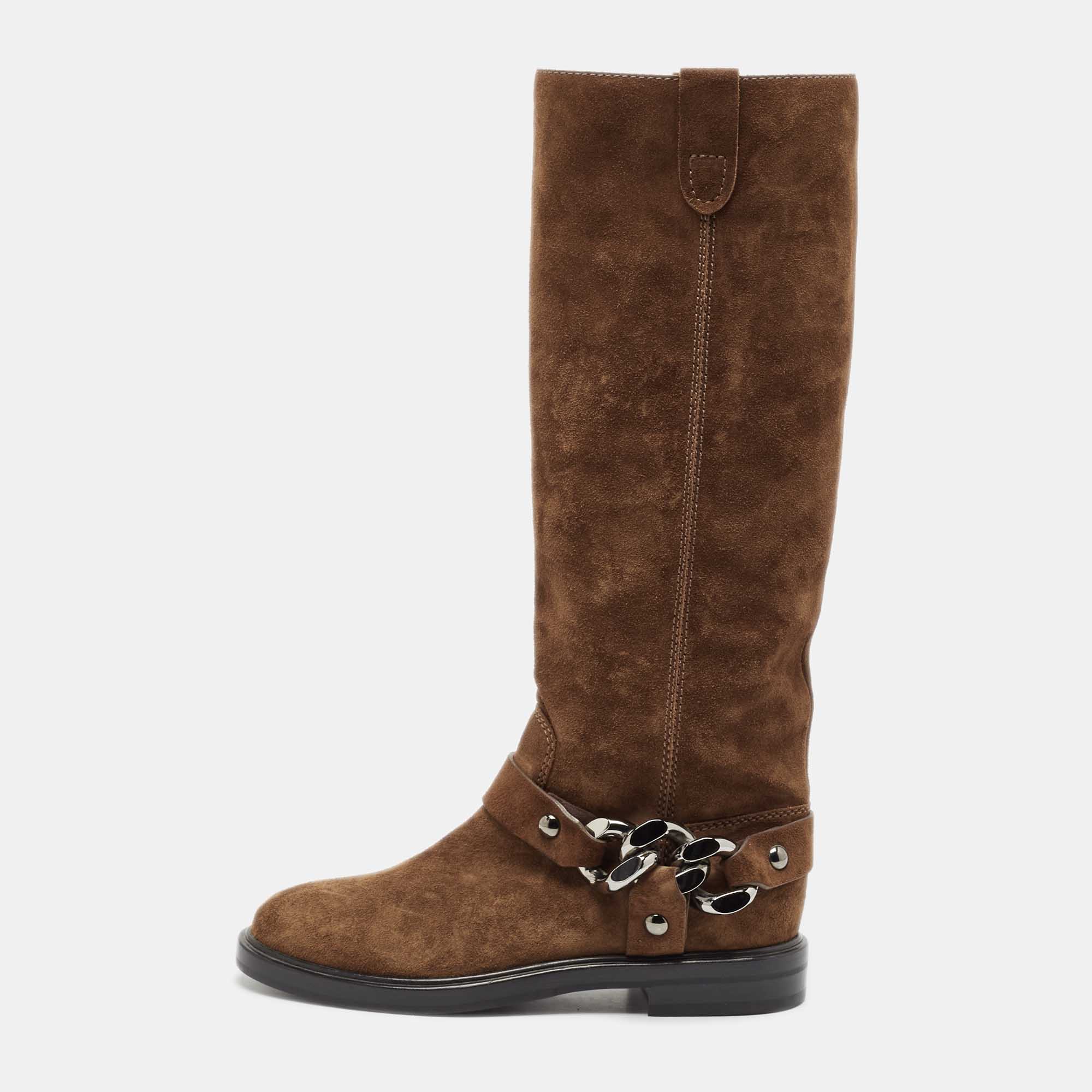 Casadei Brown Suede Chain Detail Knee Length Boots Size 36
