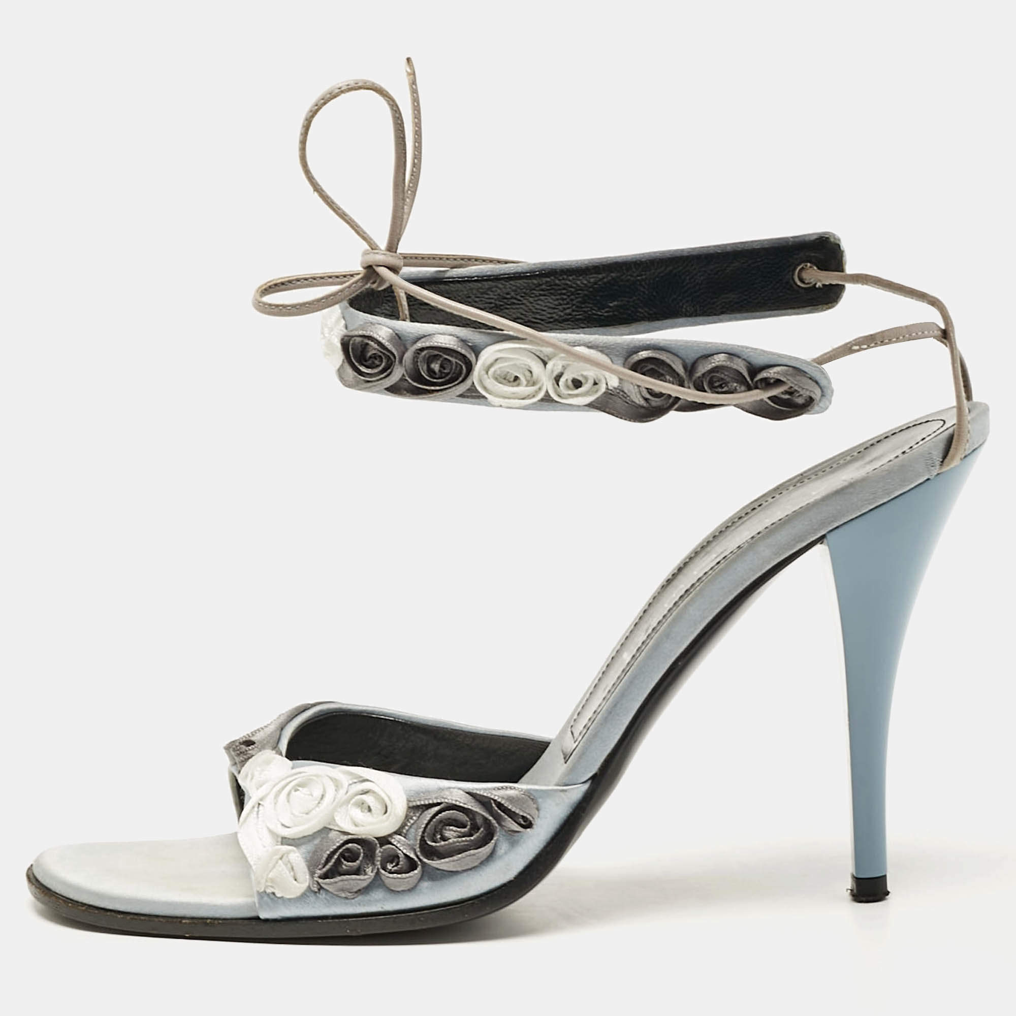 Casadei Grey Satin Floral Ankle Tie Up Sandals Size 38