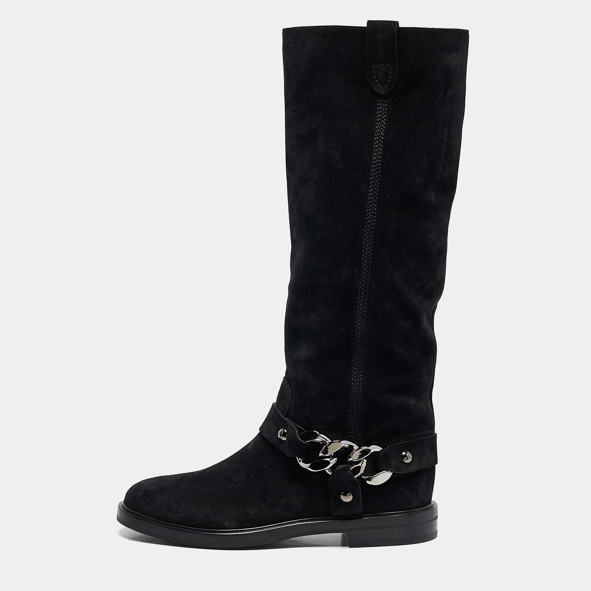 Casadei Black Suede Chain Detail Knee Length Boots Size 38.5