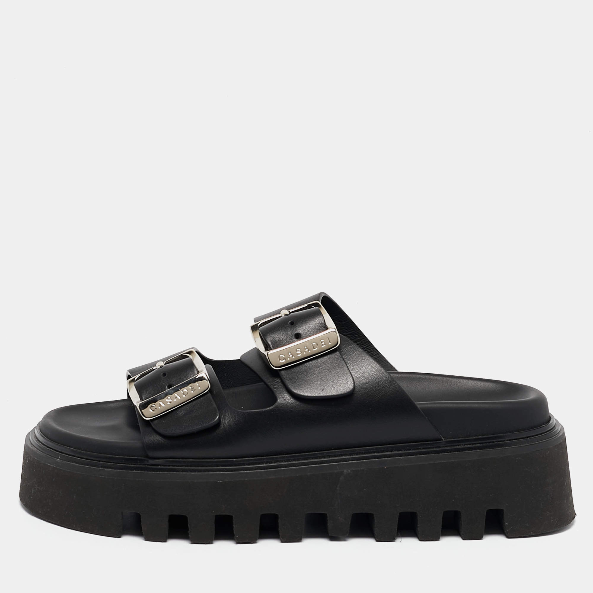 Pre Owned Casadei Black Leather Florence Buckle Sandals Size 39.5