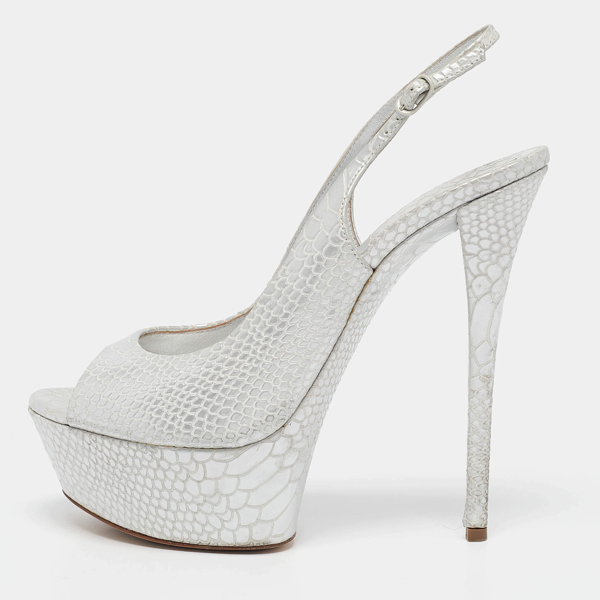 Casadei Silver Python Embossed Leather Peep Toe Slingback Sandals Size 39