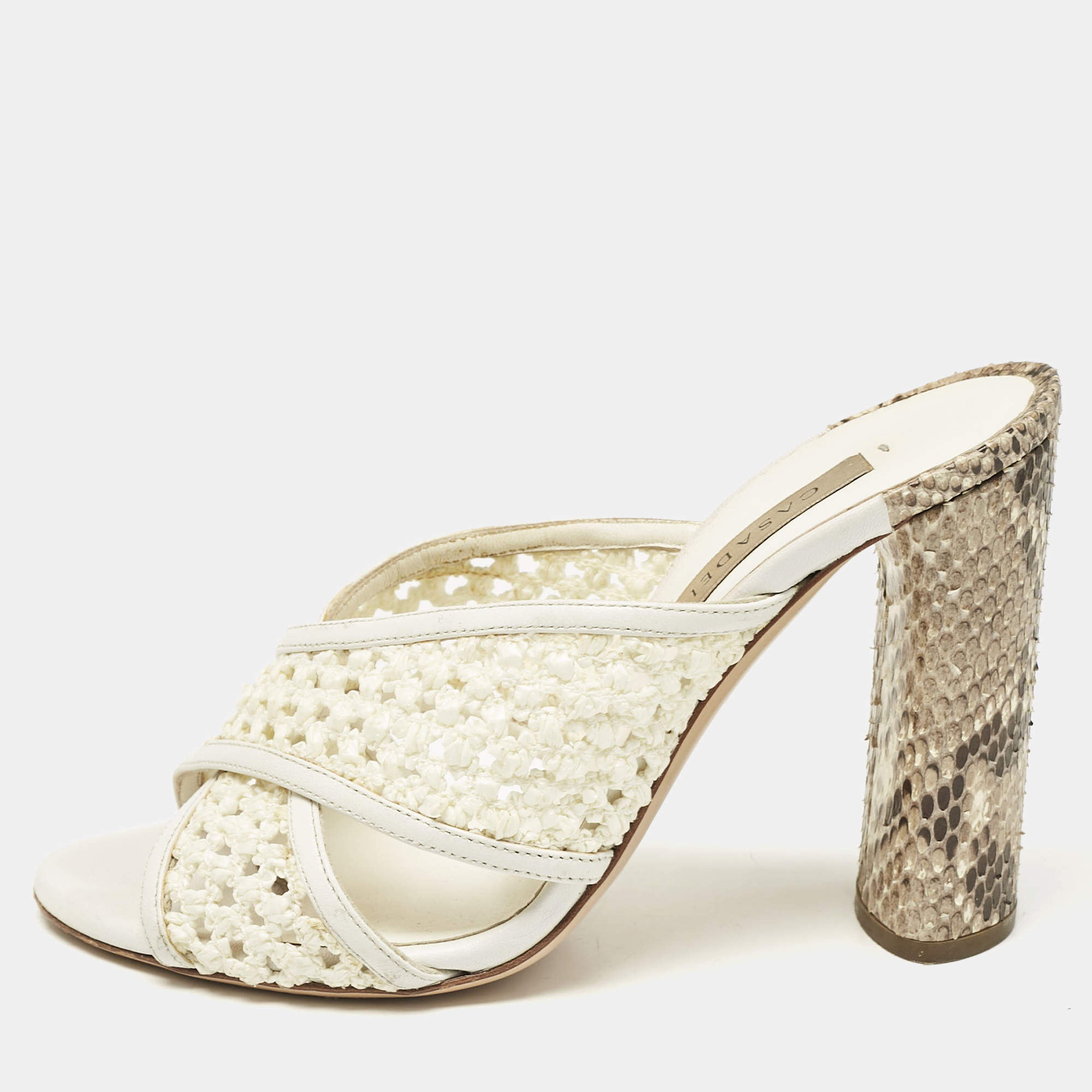 Casadei White/Brown Knit Fabric and Python Leather Slide Sandals Size 36