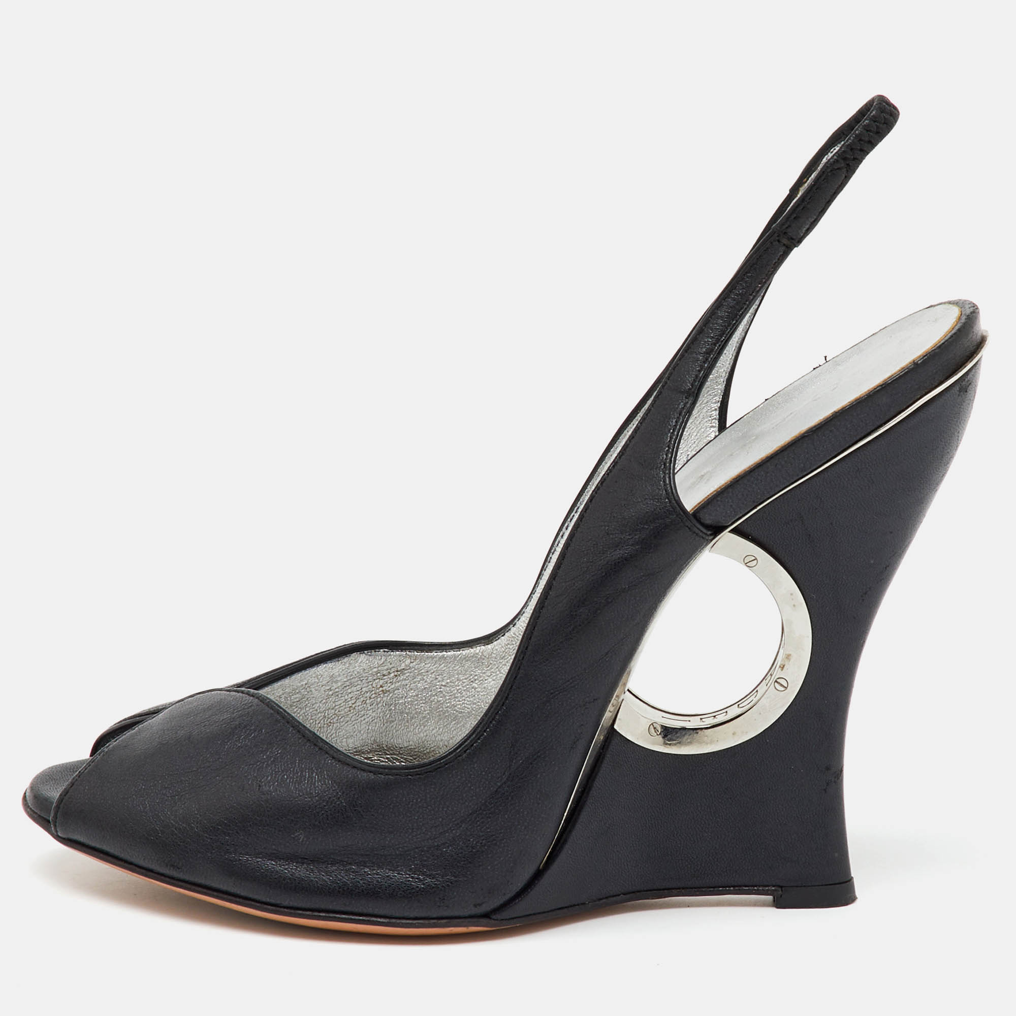 Casadei Black Leather Slingback Wedge Pumps Size 38.5