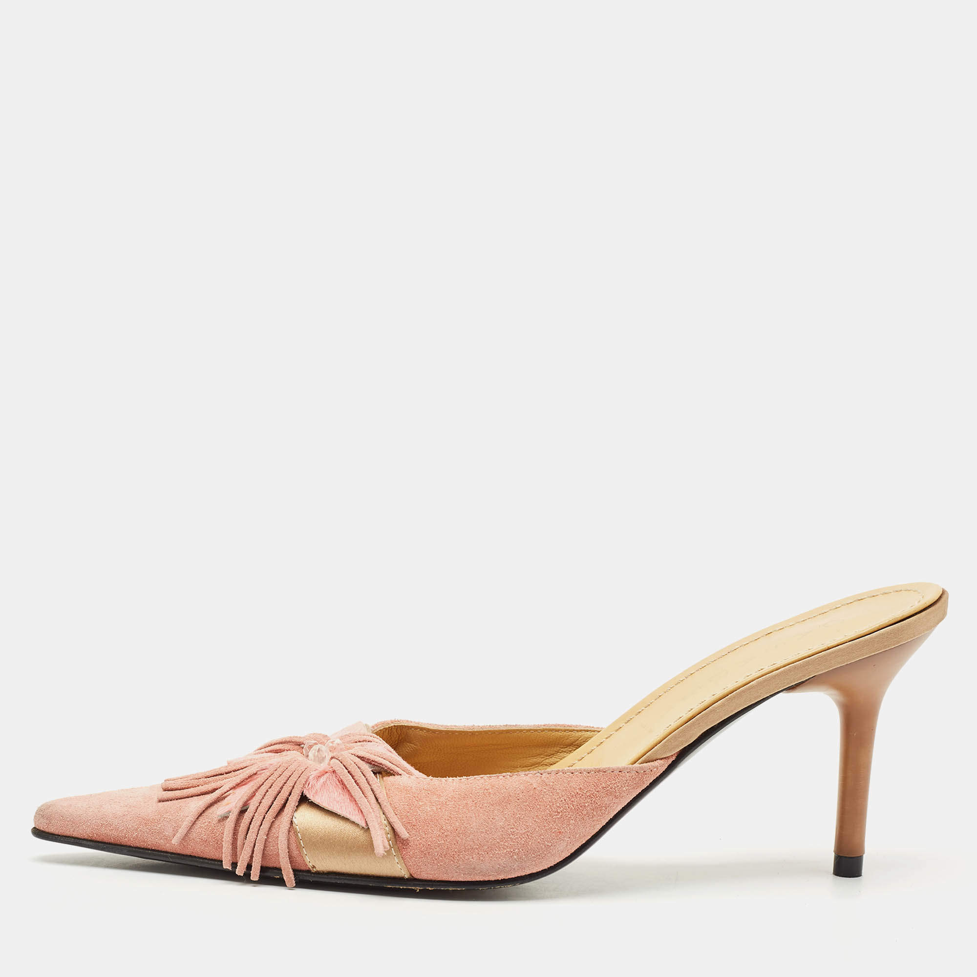 Casadei Pink/Gold Suede Flower Crystal Embellished Pointed Toe Mules Size 38.5