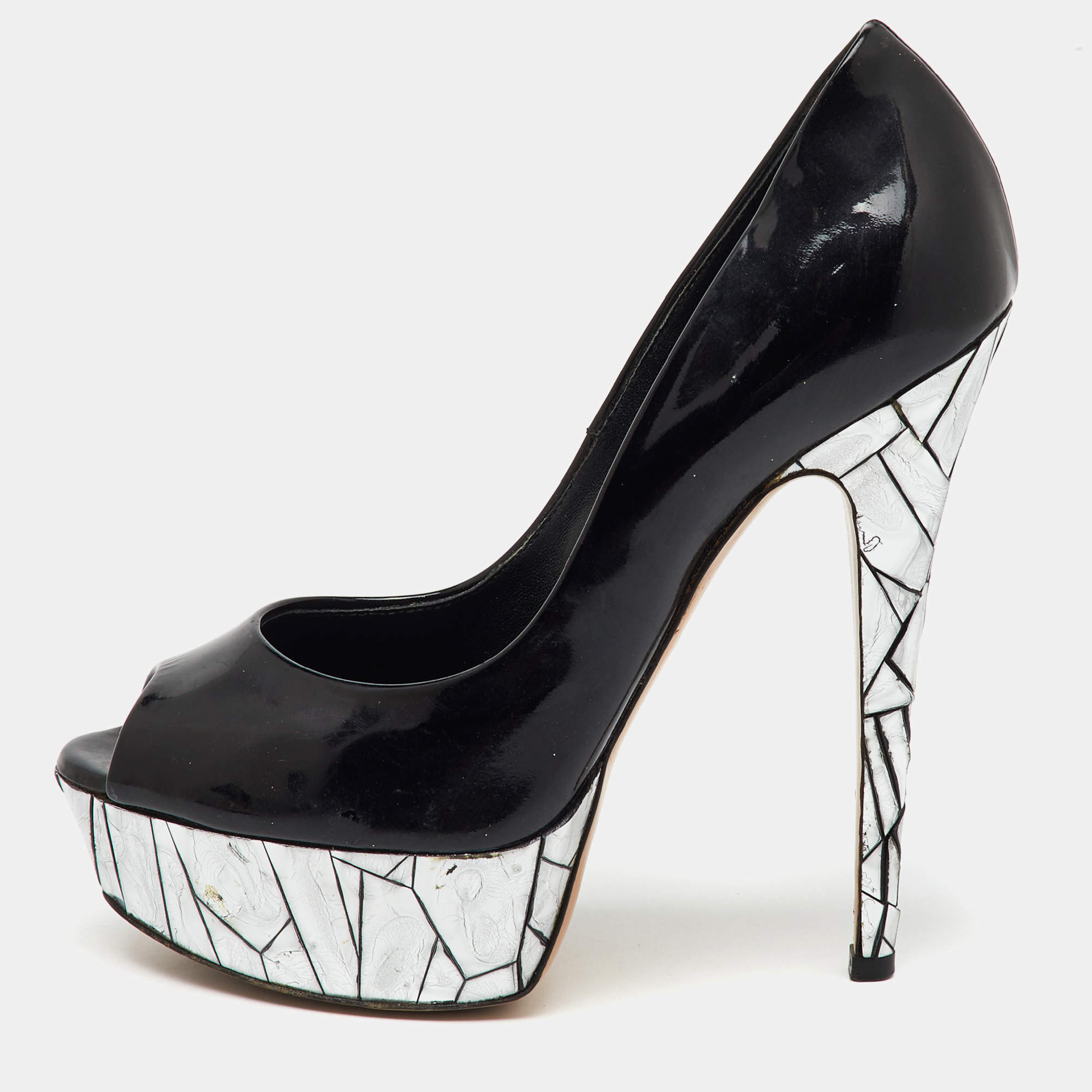 Casadei Black Patent Leather Mosaic Mirror Heel Peep Toe Platform Pumps Size 36