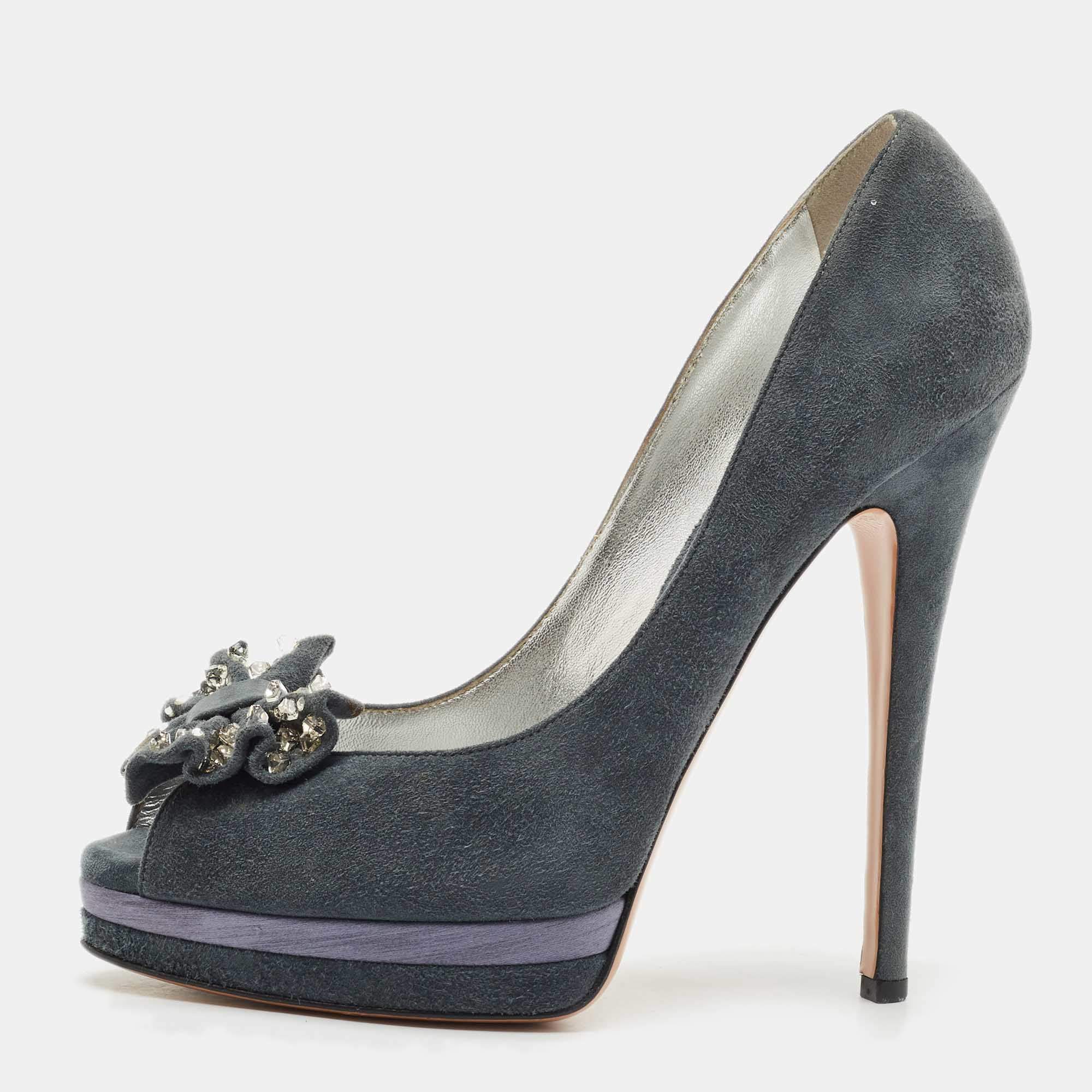 Casadei Grey Suede Crystal Embellished Bow Peep Toe Pumps Size 38