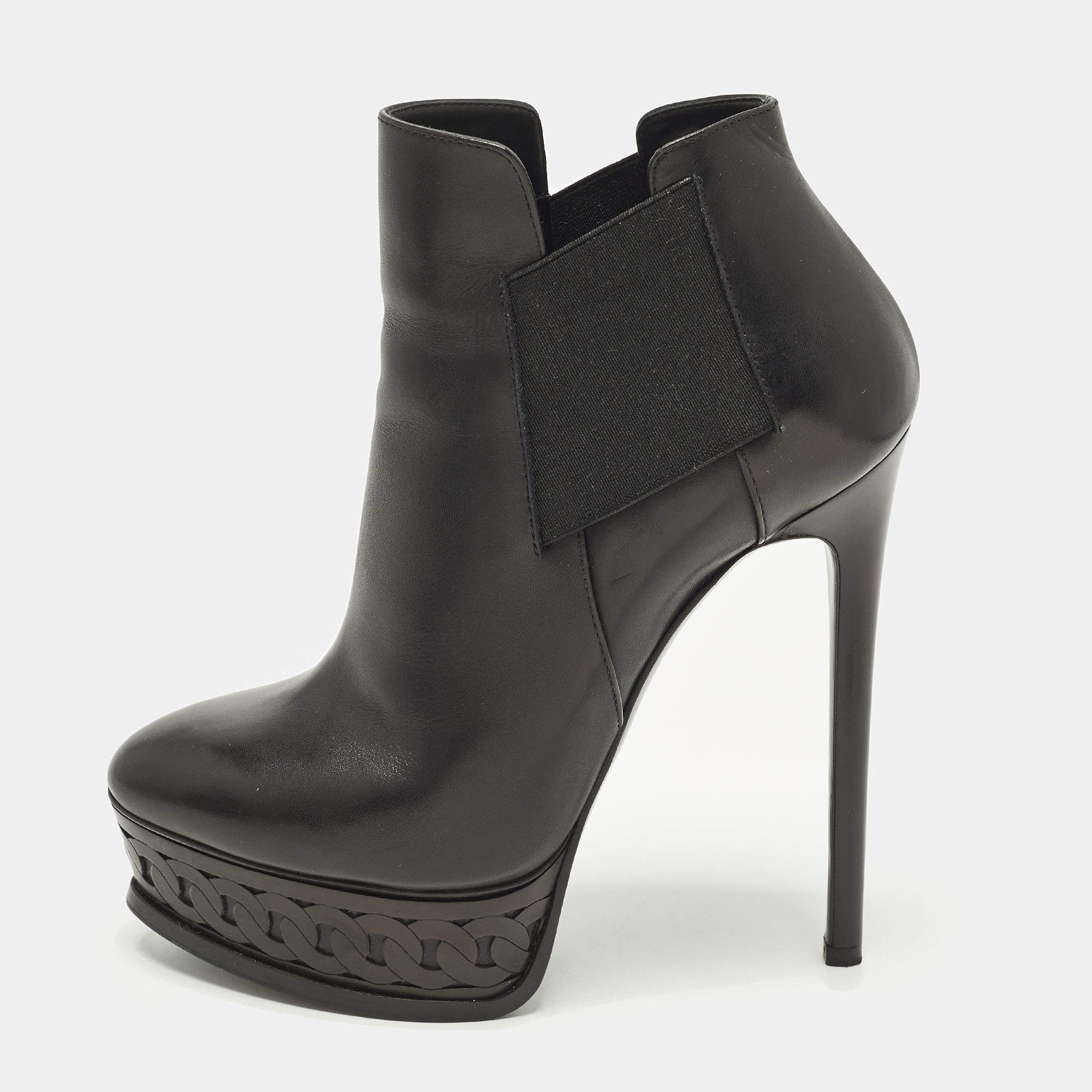 Pre Owned حذاء بوت كاحل كاسادى نعل سميك منقوش سلسلة جلد أسود مقاس 37