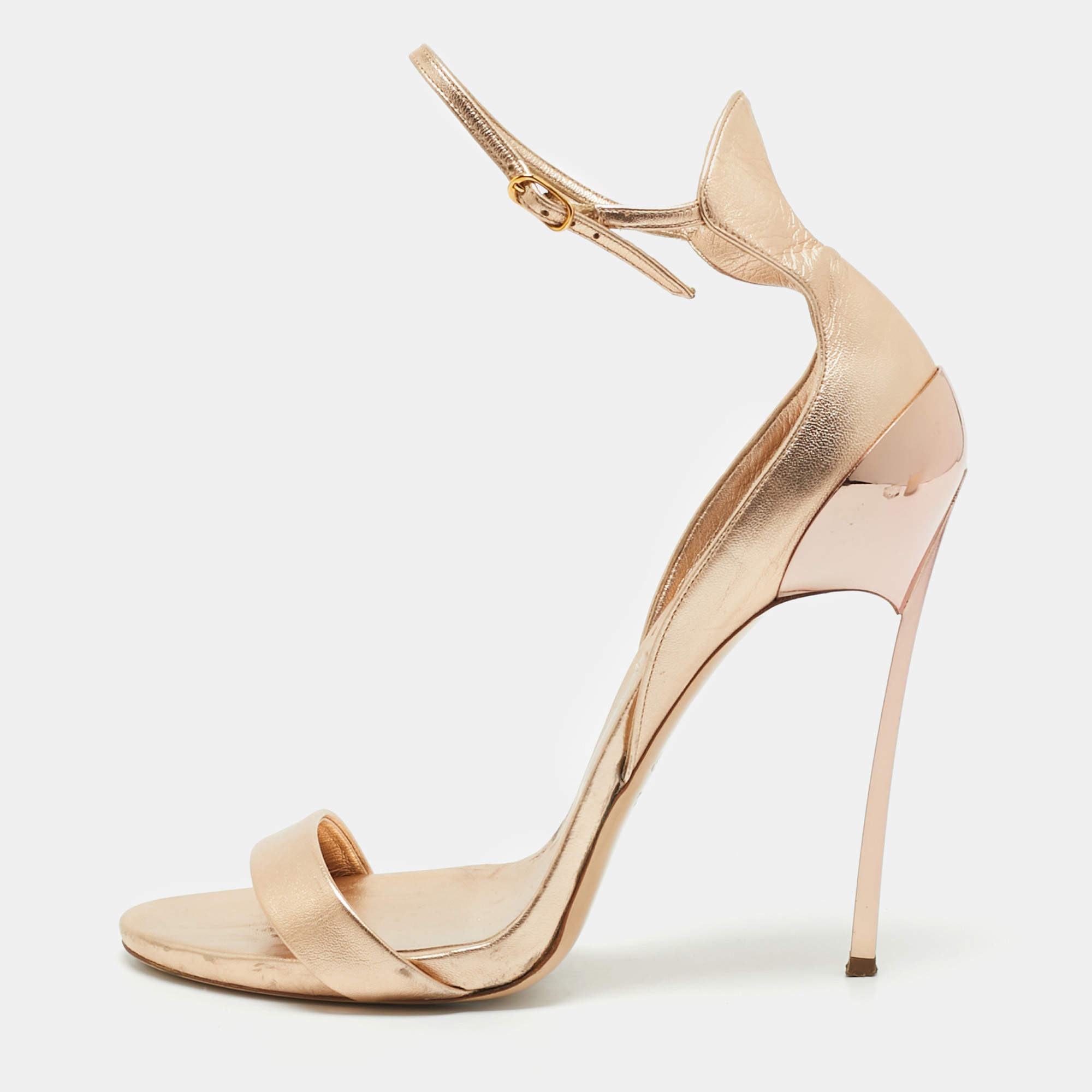 Casadei Metallic Rose Gold Leather Blade Ankle Strap Sandals Size 41