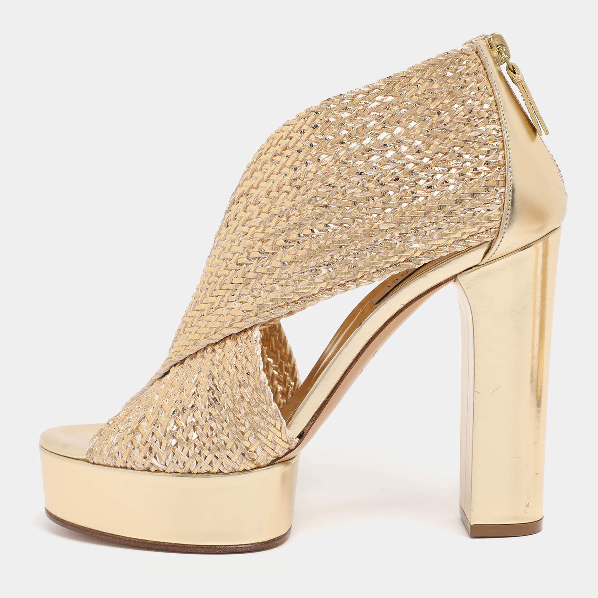 Pre Owned Casadei Gold Woven Leather Barbarella Sandals Size 37.5