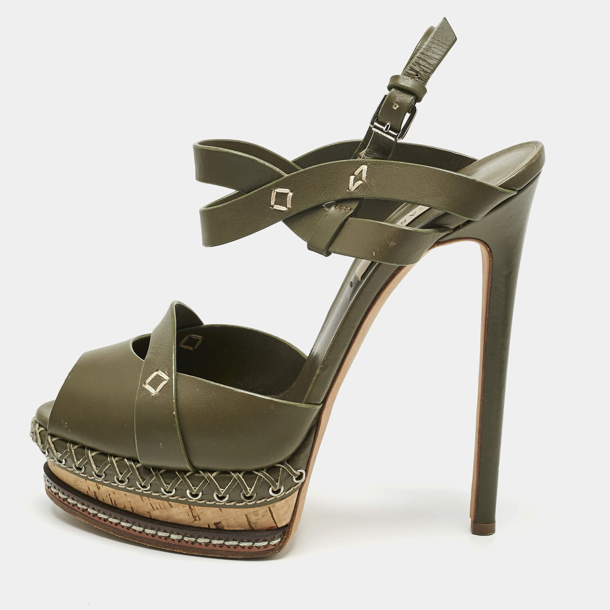 Pre Owned Casadei Green Leather Peep Toe Platform Ankle Strap Sandals Size 39