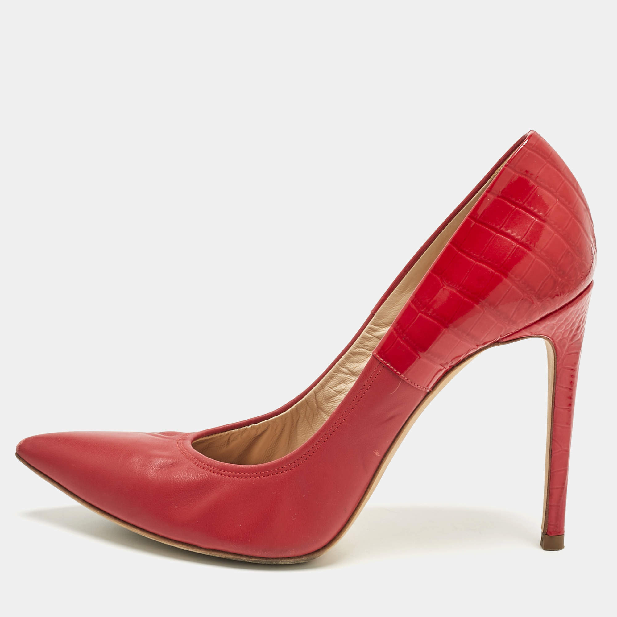 Pre Owned Casadei Red Croc Embossed Patent Leather and Leather Pointed Toe Pumps Size 36.5