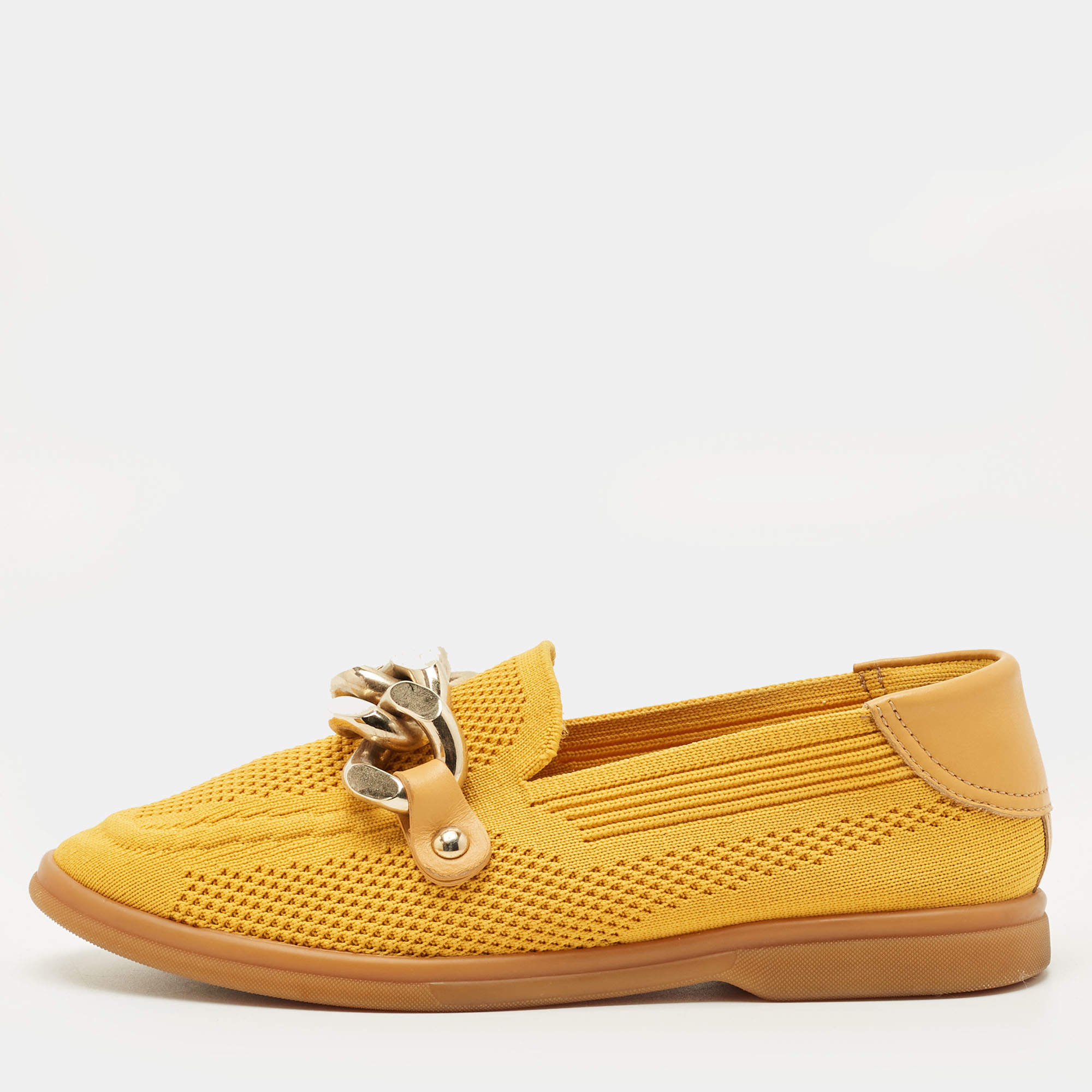 Pre Owned Casadei Yellow Knit Fabric and Leather Hanoi Loafers Size 36.5