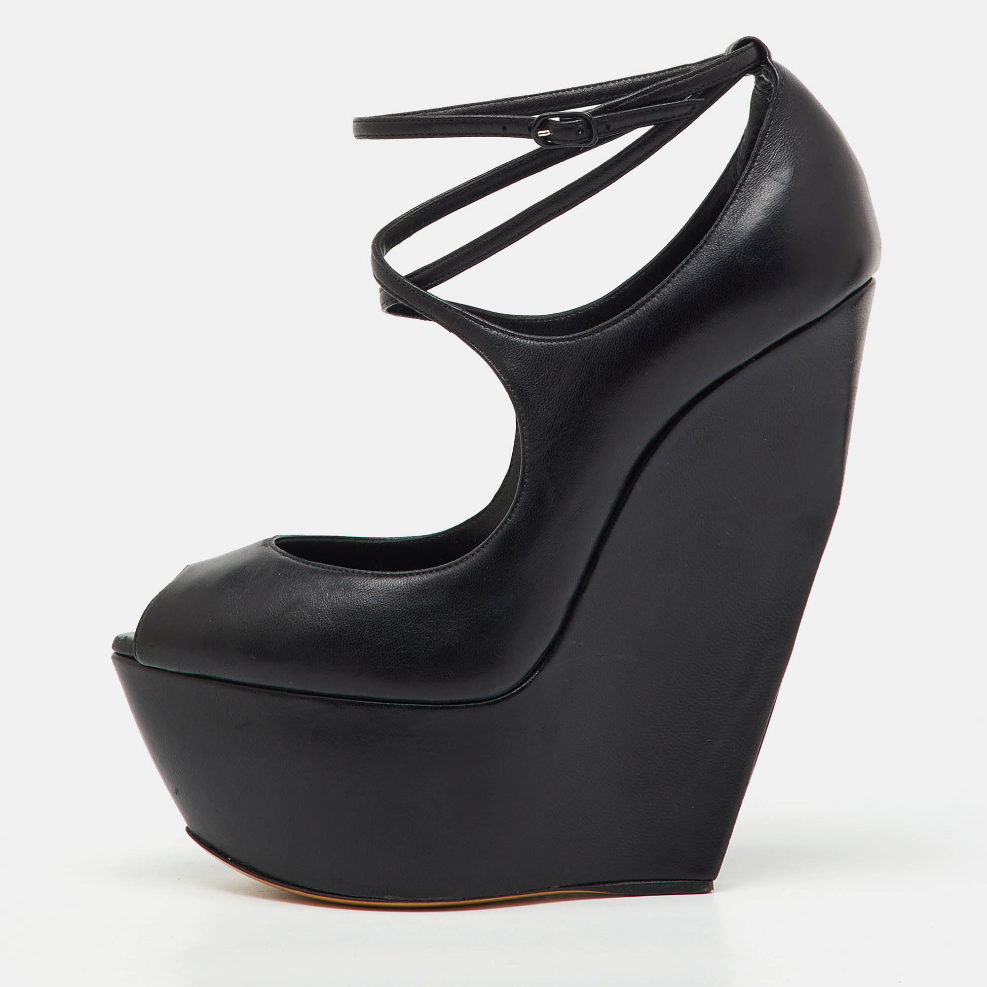Pre Owned Casadei Black Leather Platform Wedge Pumps Size 38.5