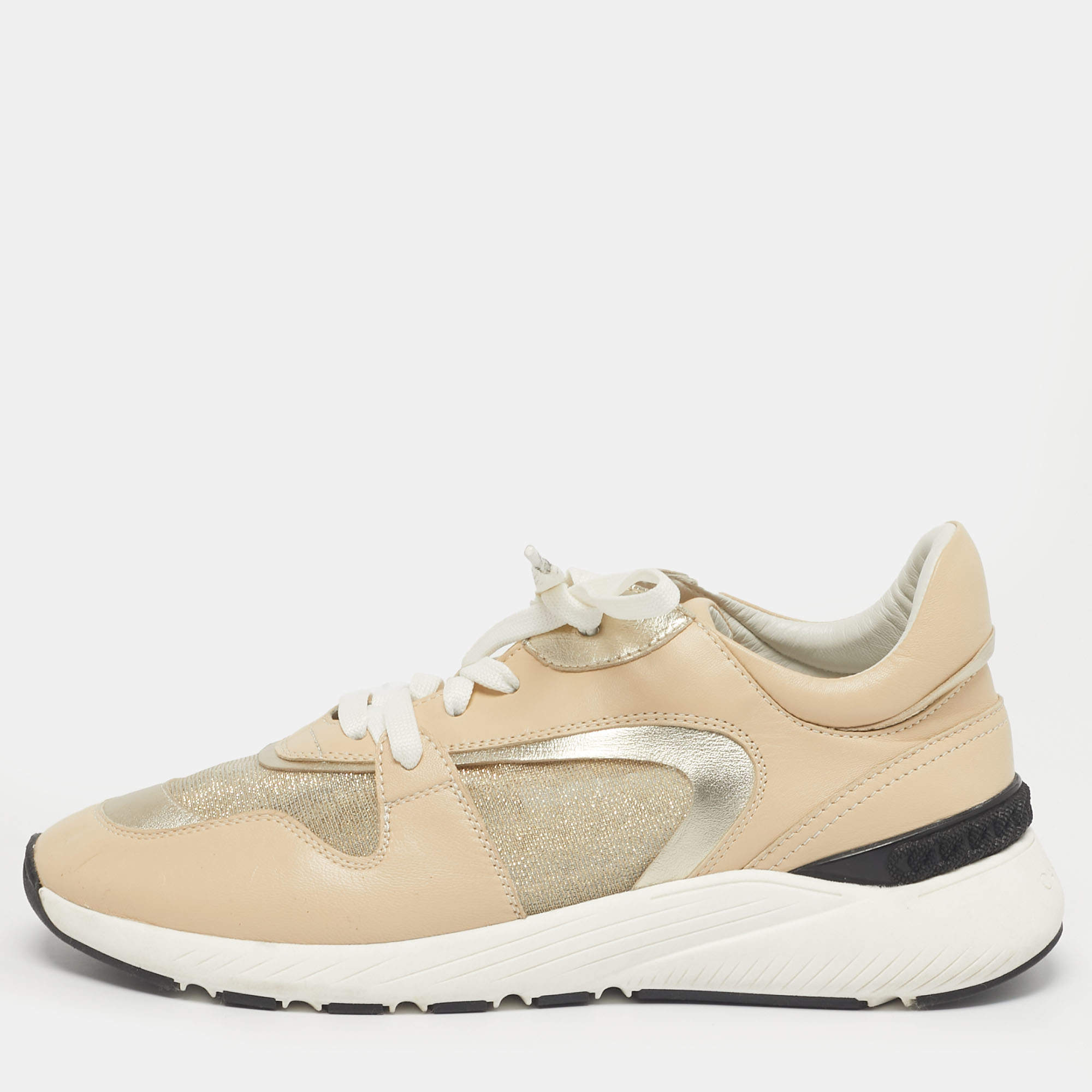 Pre Owned Casadei Beige Leather and Mesh Lace Up Sneakers Size 41