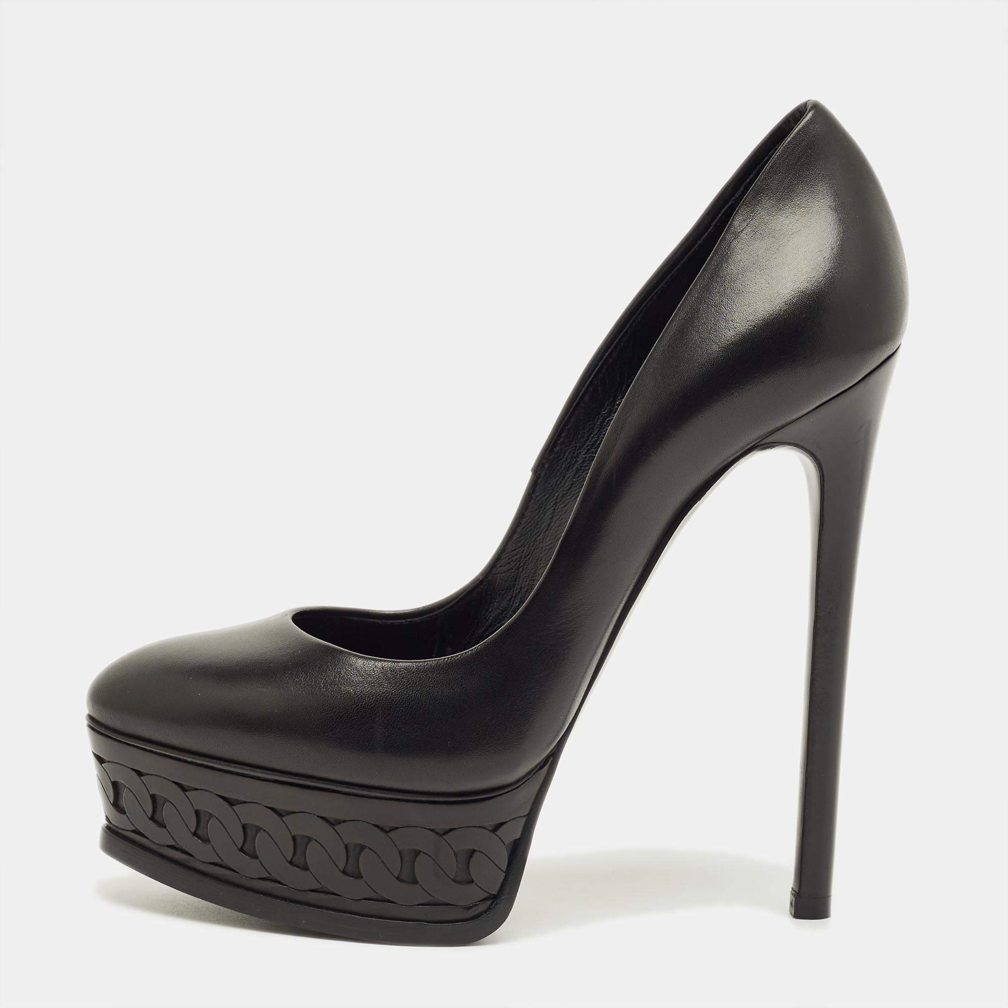 Pre Owned Casadei Black Leather  Peep Toe Platform Pumps Size 35.5