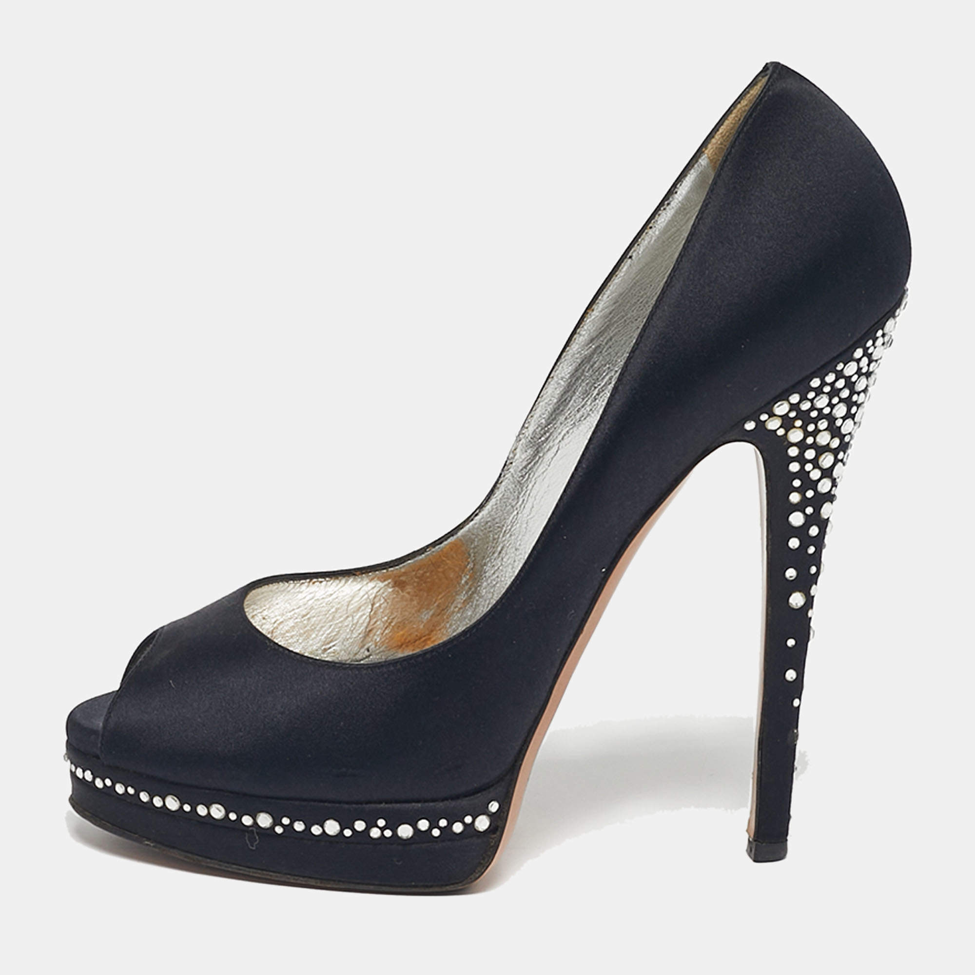 مملوكة مسبقًا Casadei Black Satin Crystal Embellished Peep Toe Pumps Size 37.5