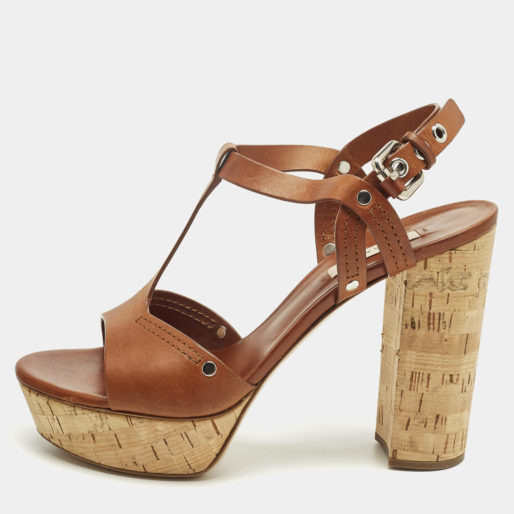Pre Owned Casadei Size 40.5 Brown Leather T Strap Platform Sandals