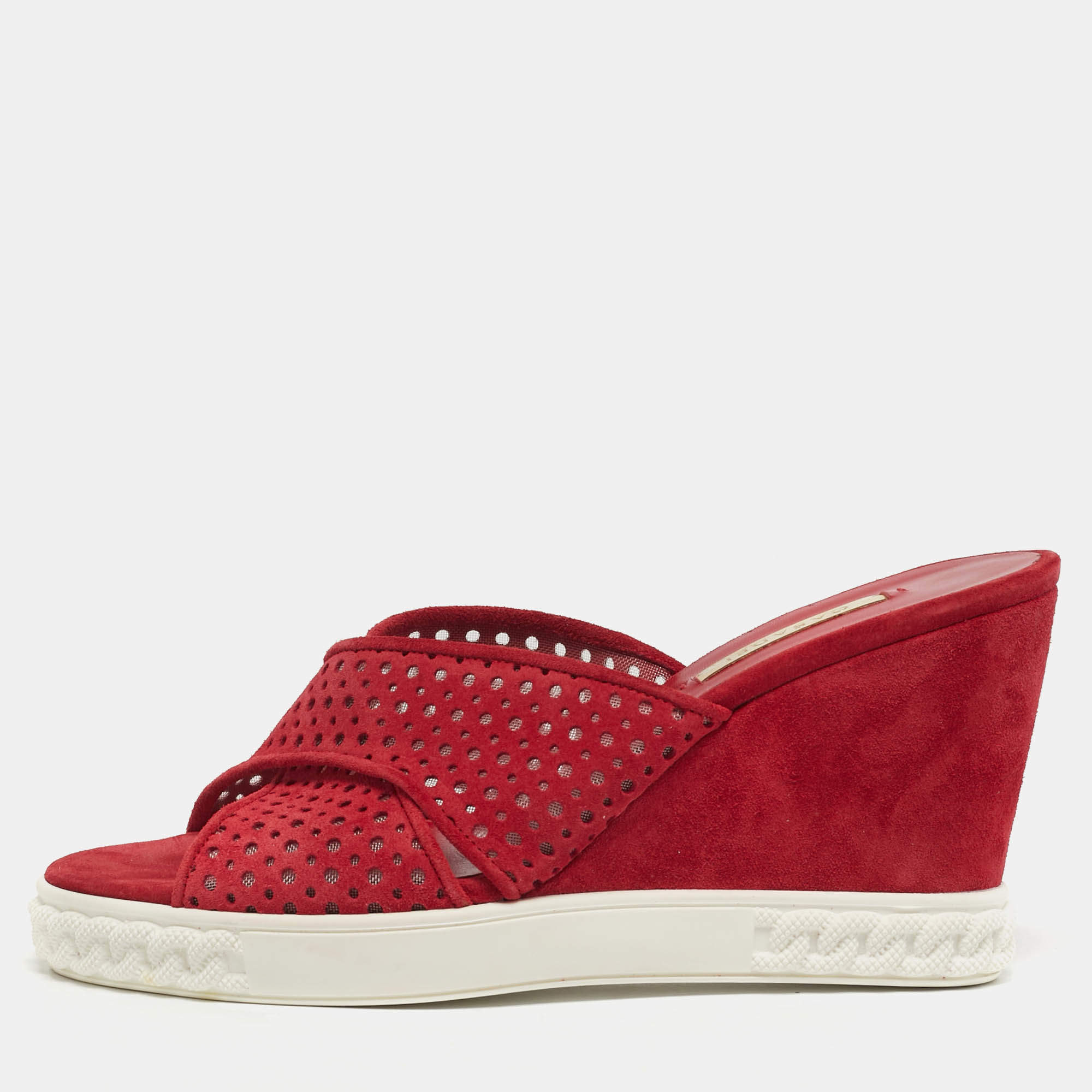 Pre Owned Casadei Size 39 Red Mesh and Suede Wedge Sandals