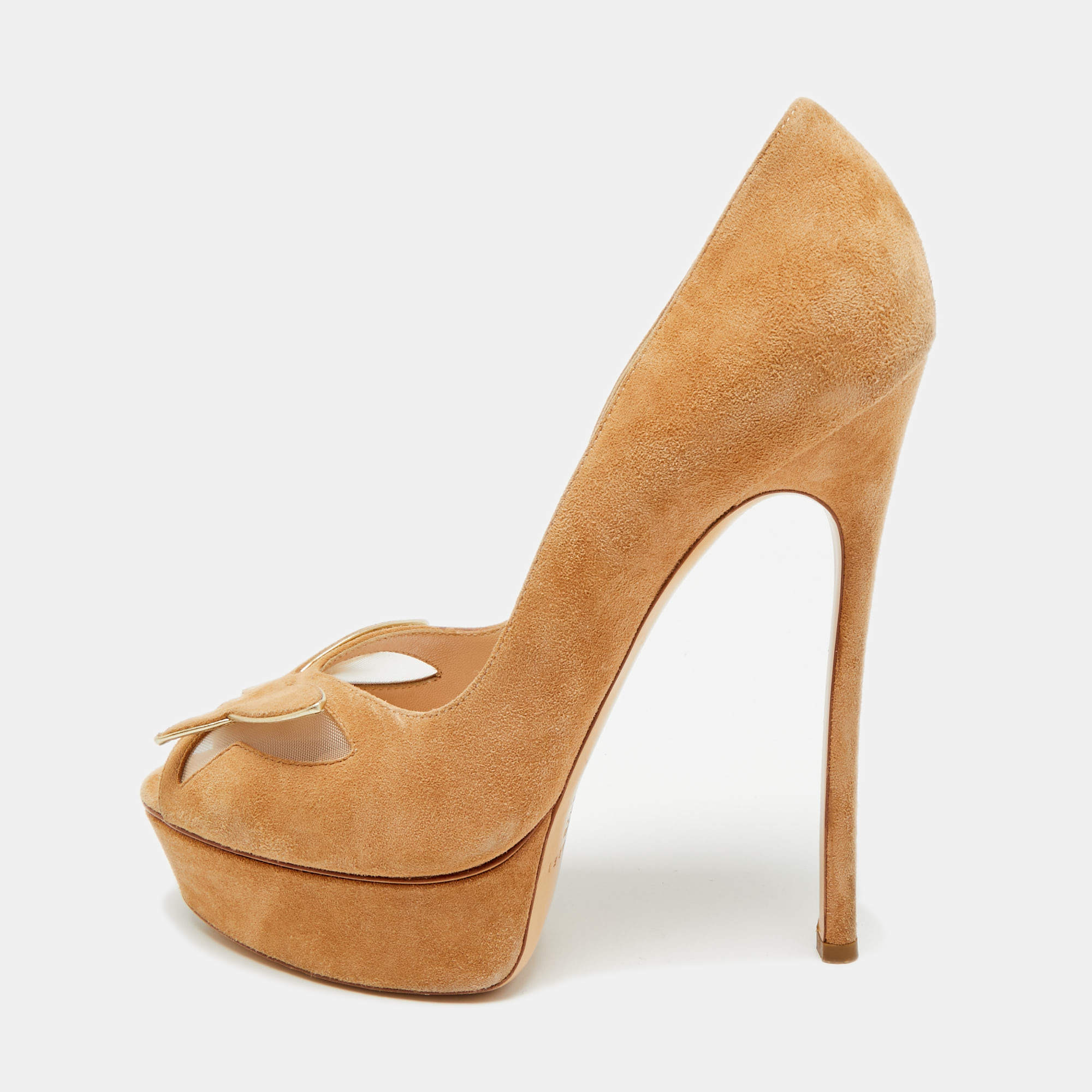 Pre Owned حذاء كعب عالي كاسادي مزين فراشات نعل سميك مقدمة مفتوحة سويدي بيج مقاس 38.5