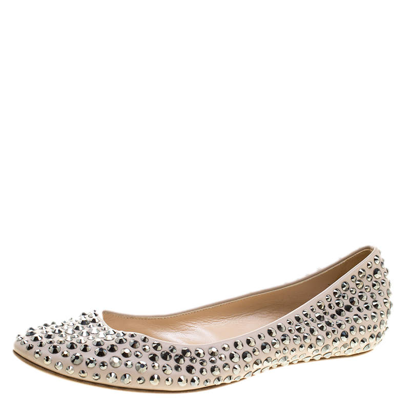 Casadei Beige Crystal Embellished Leather Ballet Flats Size 40