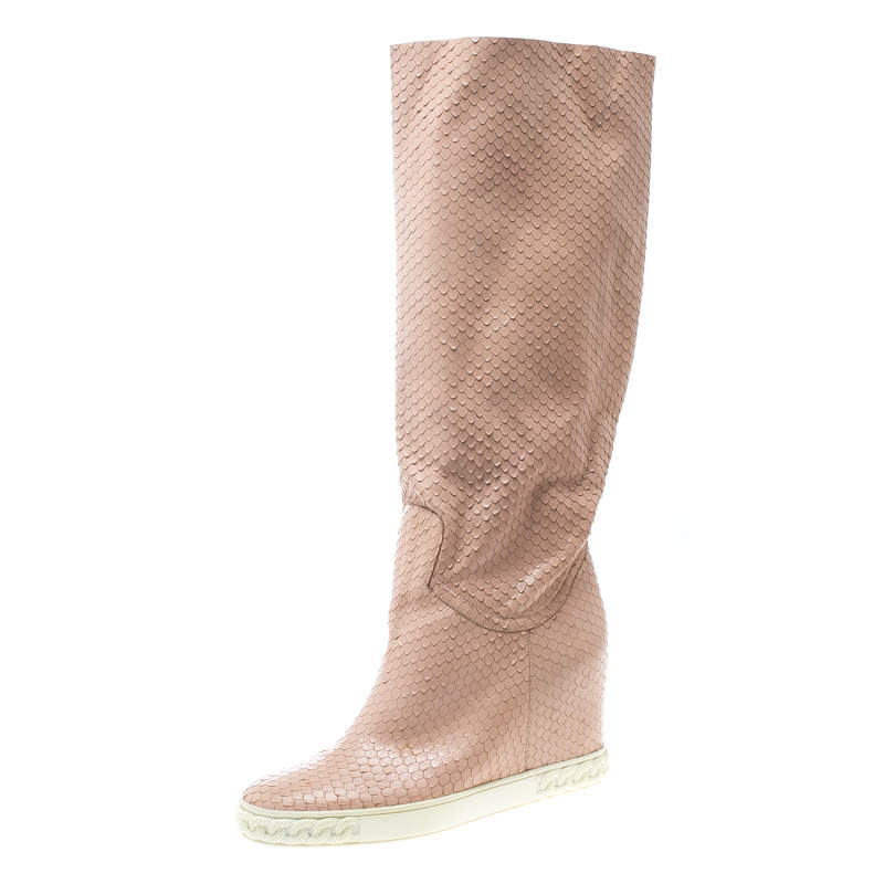 Casadei Pale Pink Snakeskin Embossed Leather Knee High Boots Size 39