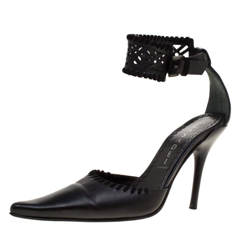 Pre Owned Casadei Black Leather Laser Cut Ankle Cuff Pointed Toe Sandal Size 35