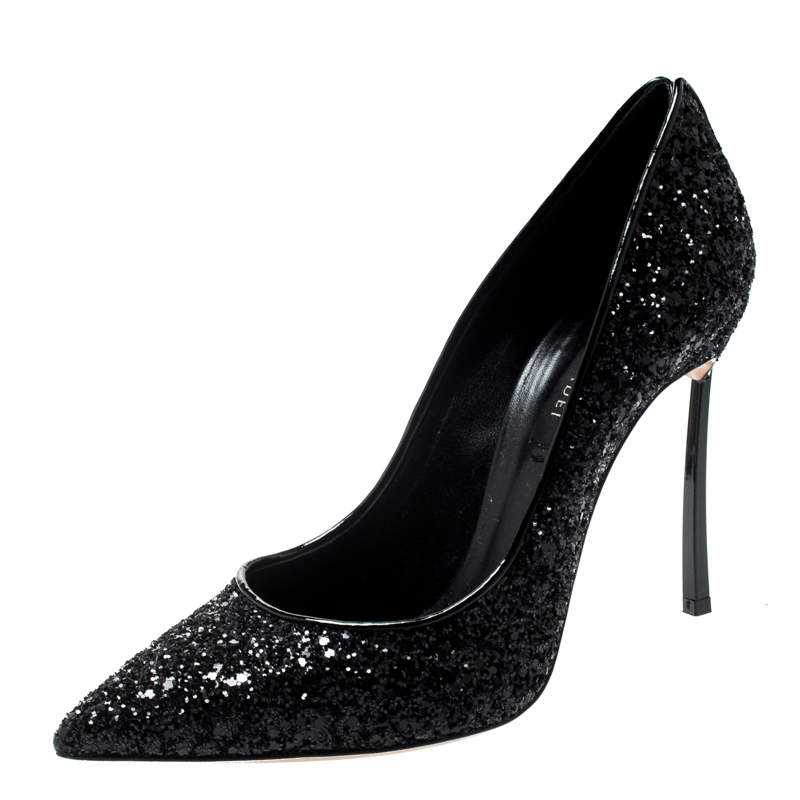 Pre Owned Casadei Black Metallic Glitter Pointed Toe Pumps 38