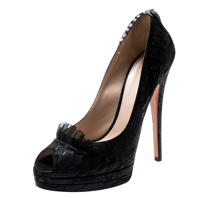 Pre Owned Casadei Black Lace Peep Toe Frill Trim Platform Pumps Size 38
