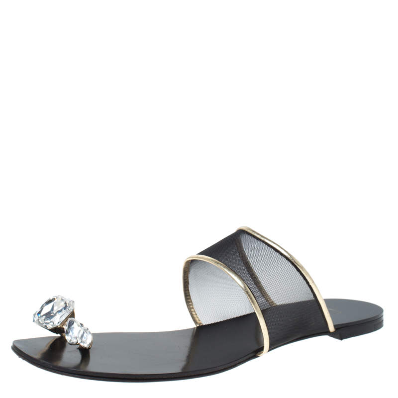 Pre Owned Casadei Mesh And Leather Trim Embellished Toe Ring Flats Size 37
