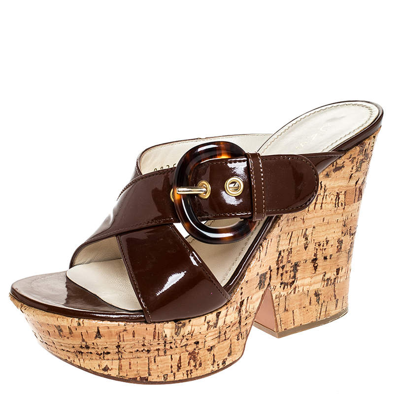 Pre Owned Casadei Brown Buckle Crisscross Patent Leather Cork Wedge Sandals Size 37