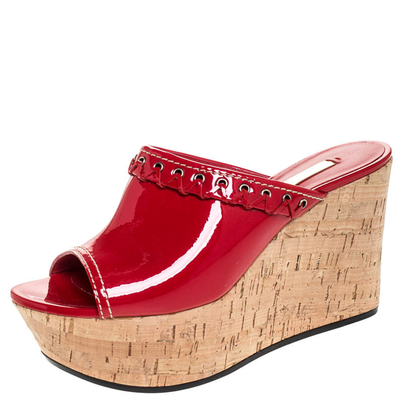 Casadei Red Patent Leather Cork Platform Wedge Sandals ...