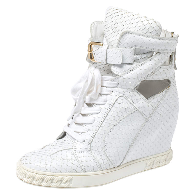 Pre Owned Casadei White Python Embossed Leather Wedge Cut Out Chain Motif Buckle Ankle Boots Size 40