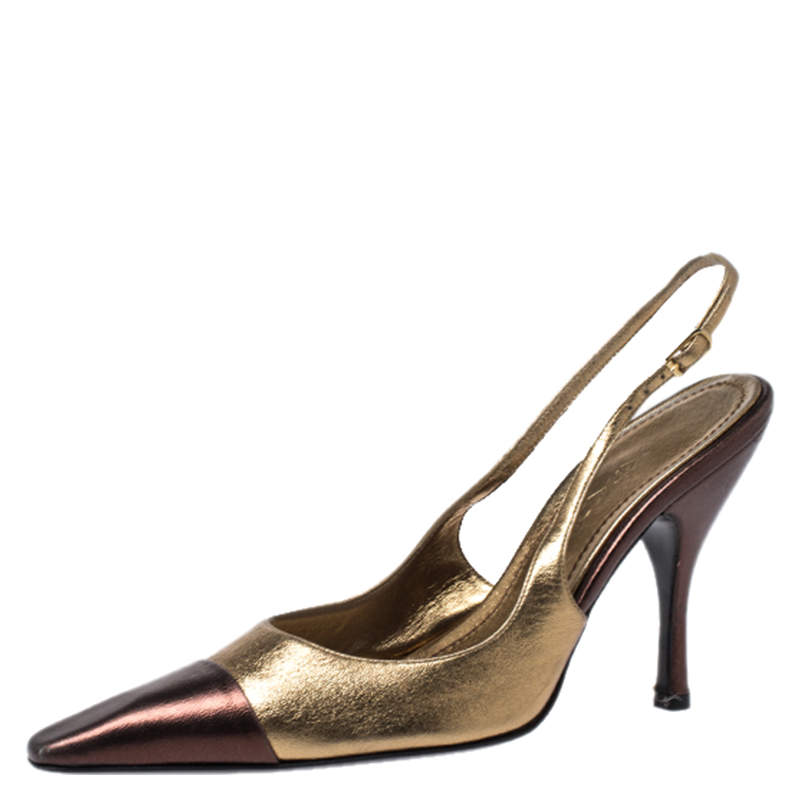 Casadei Metallic Gold/Brown Leather Pointed Toe Slingback Sandals Size ...
