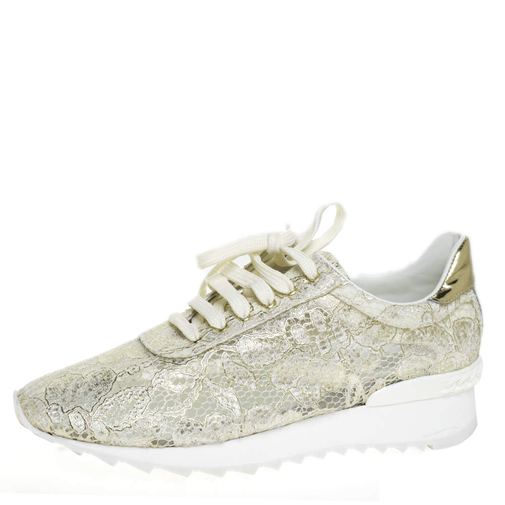 Pre Owned Casadei White/Gold Lace And Leather Trim Lace Up Sneakers Size 41