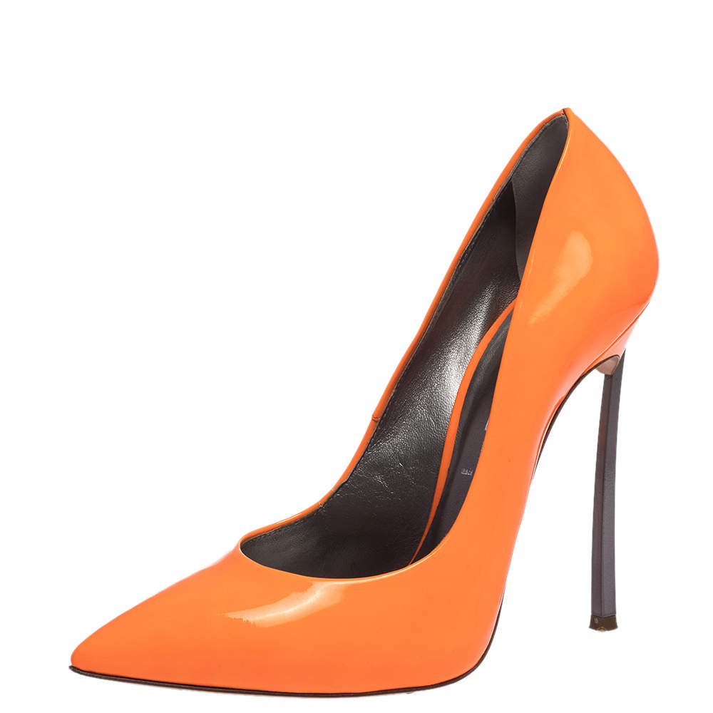 Casadei Neon Orange Patent Leather Blade Heel Pumps Size 37
