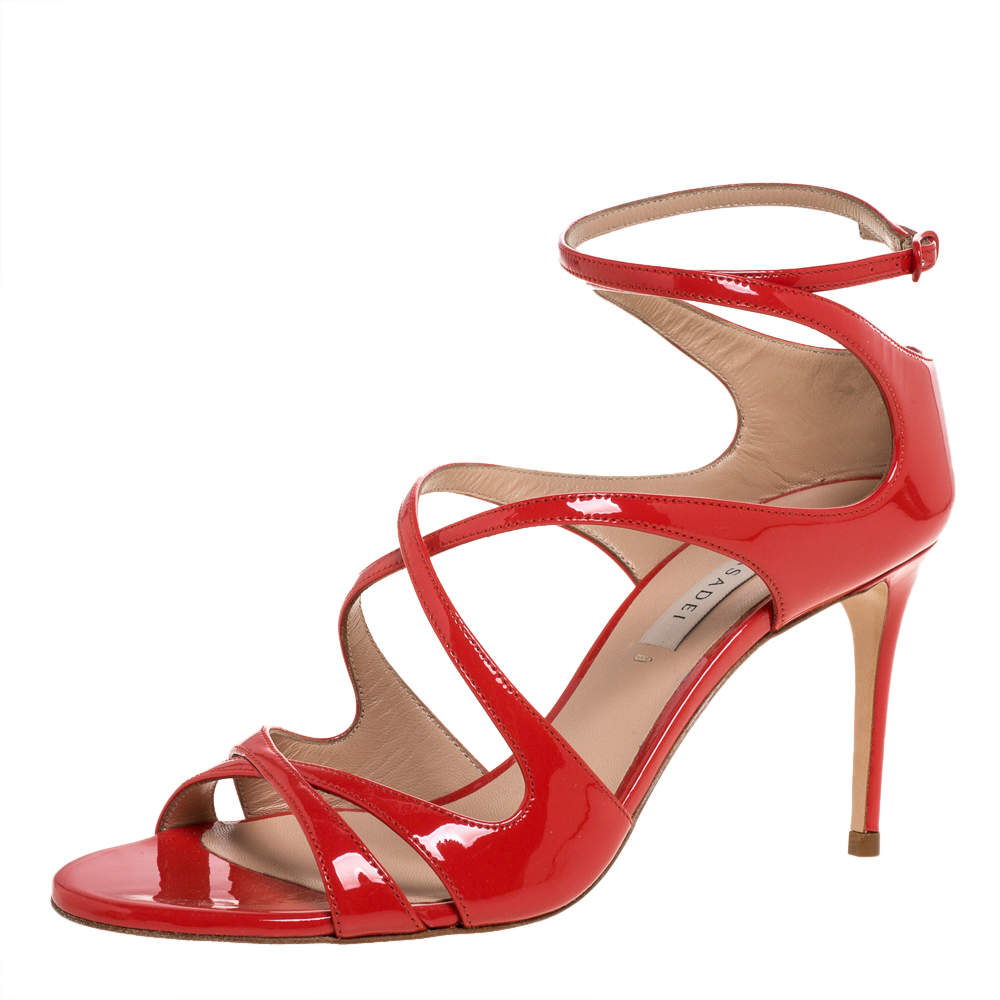 Pre Owned Casadei Dark Orange Patent Leather Tiffany Ankle Strap Sandals Size 35