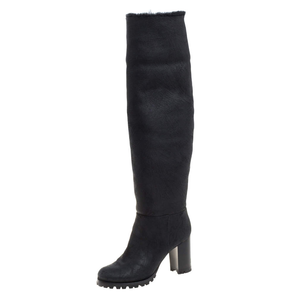 Pre Owned Casadei Black Leather Knee Boots Size 38