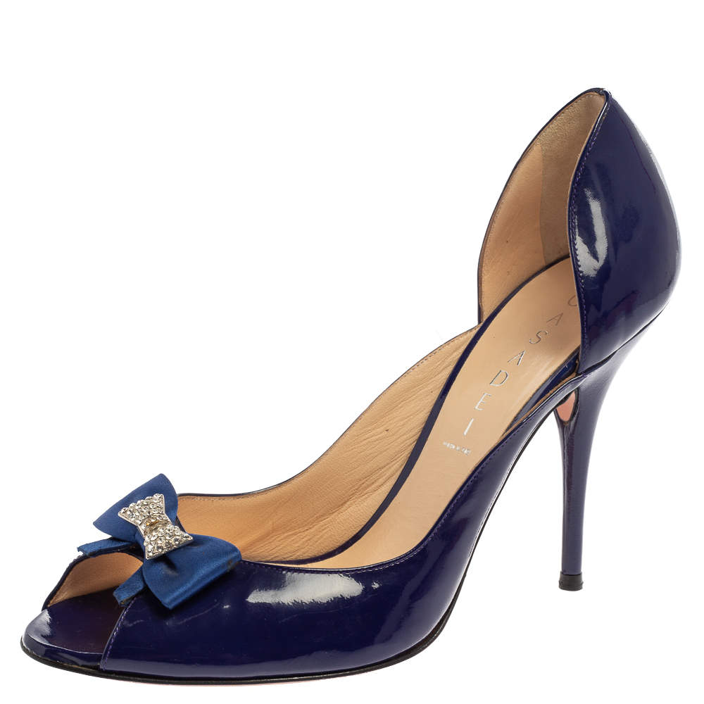 Casadei Blue Patent Leather Embellished Bow Open Toe Pumps Size 39