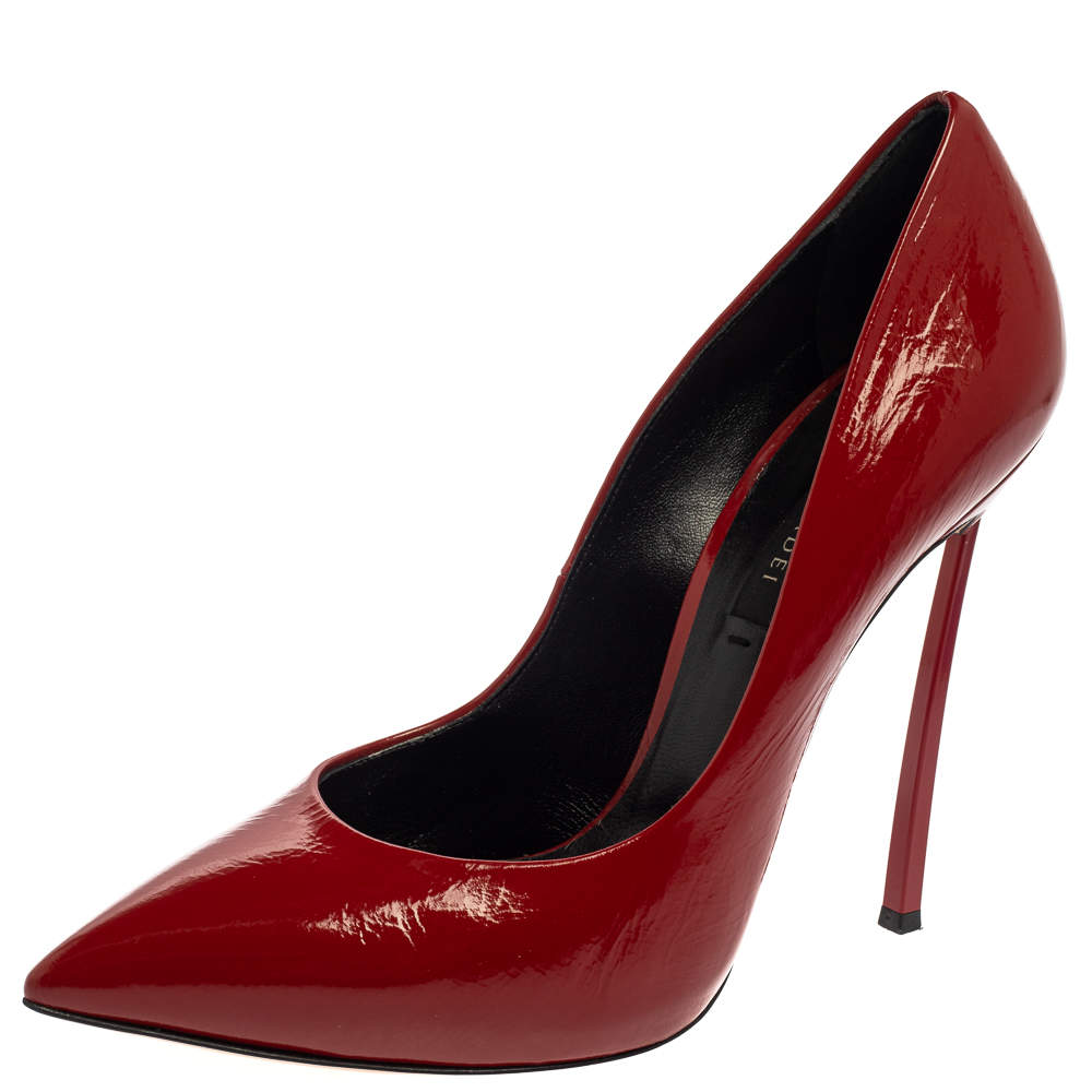 Pre Owned Casadei Red Leather Pointed Toe Pumps Size 38.5