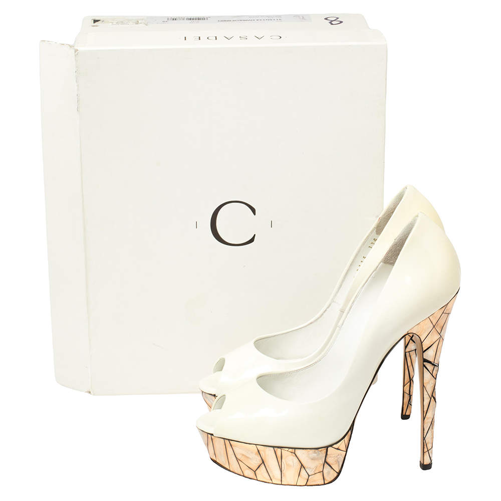 Pre Owned Casadei White Patent Leather Mosaic Mirror Heel Peep Toe Platform Pumps Size 39